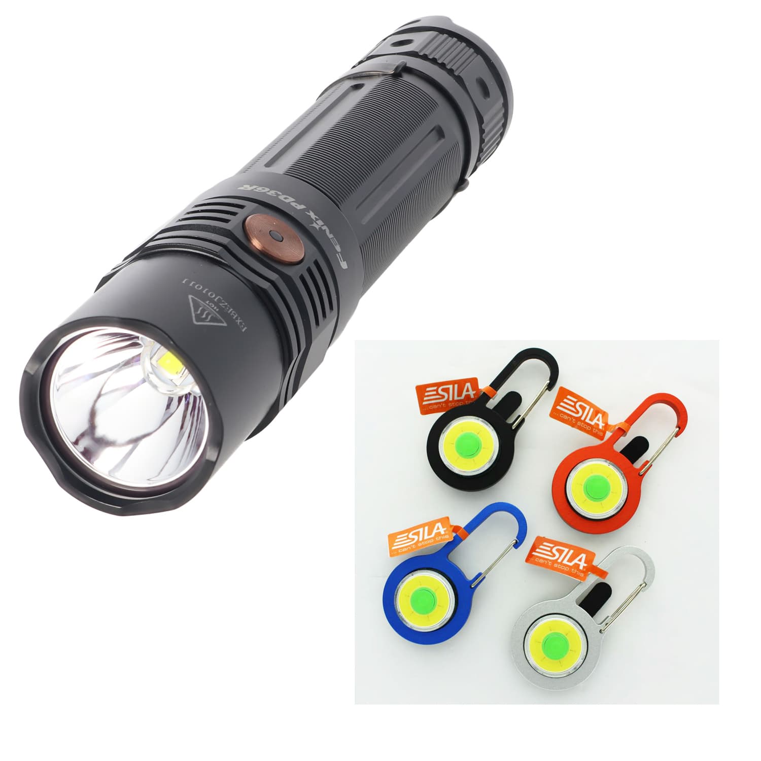 Lampe torche LED Fenix PD36R avec batterie 5000mAh 21700, avec câble de chargement USB-C et mousqueton gratuit avec éclairage LED, couleur noir