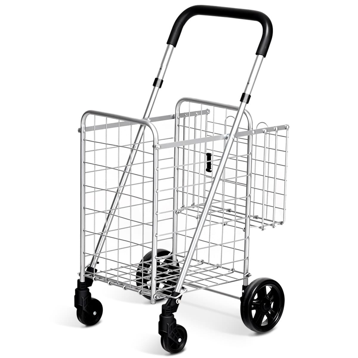 CostwayChariot de Courses Pliable en Acier avec Double Panier et 4 Roues Caddie de Courses Poignée Réglable Idéal pour Mobilité Argent