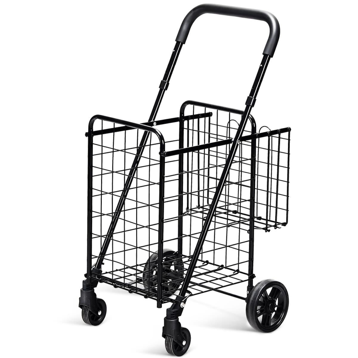 CostwayChariot de Courses Pliable en Acier avec 4 Roues avec Double Panier Caddie de Courses Idéal pour Mobilité Poignée Réglable Noir
