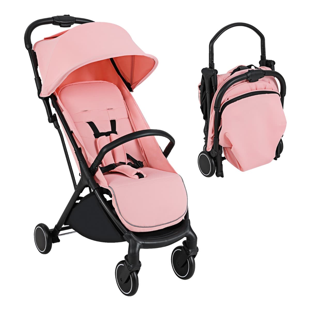 CostwayPoussette Canne Ultra Compacte avec Structure en Aluminium Harnais à 5 Points Convient aux Enfants 0-36 mois Rose