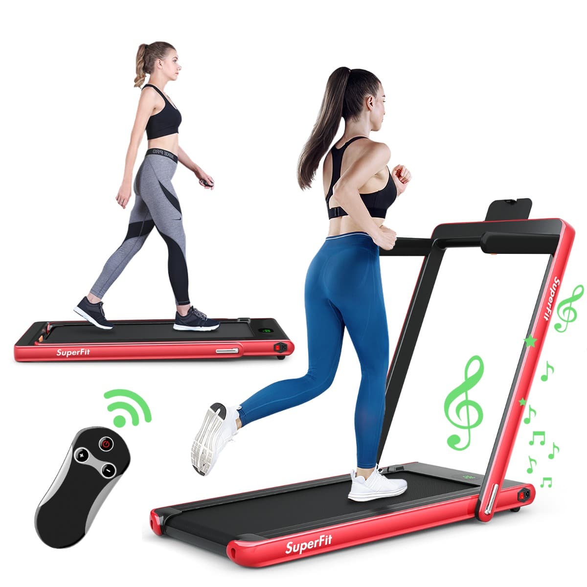Costway2 en 1 Tapis de Course Electrique Pliable 1 à 12 Km/H avec Haut-parleur Bluetooth Télécommande Moteur 0,75HP Noir et Rouge