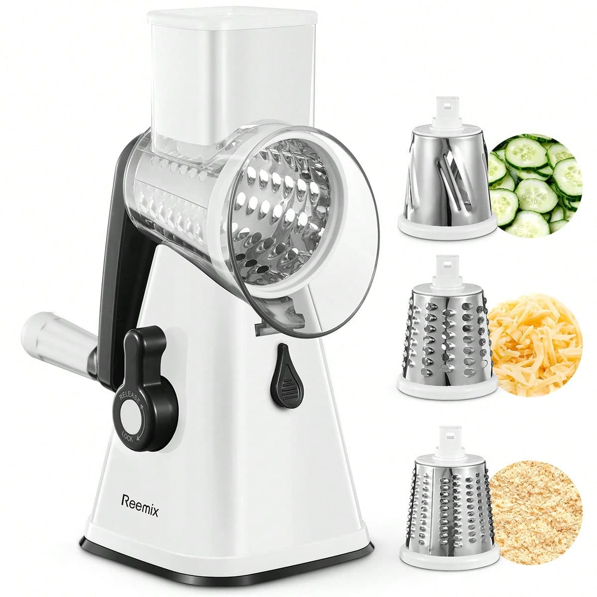 Reemix Râpe à fromage rotative avec poignée, mandoline de cuisine, trancheuse à légumes avec 3 lames remplaçables en acier inoxydable