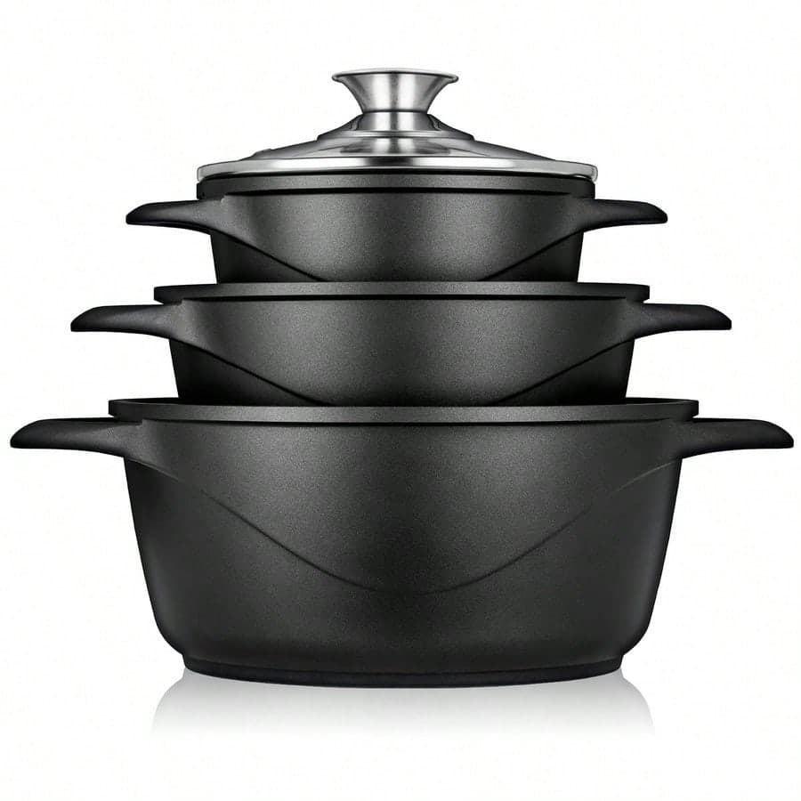 Batterie de Cuisine Induction 6 Pièces Aluminium Fonte 3 Casseroles 3 Couvercles, Briebe, MGK-18, 16-20-24 cm, Noir